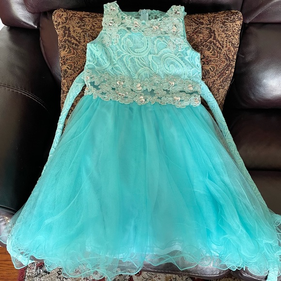 Teal color girls formal dress with rhinestones - Picture 1 of 5